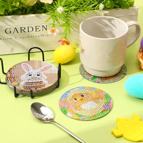 UPINS 8 Pieces Easter Diamond Art Coasters,Bunnies Diamond Art Coaster for Adults Diamond Kits Supplies for Spring Easter Gift - color: Easter Yellow