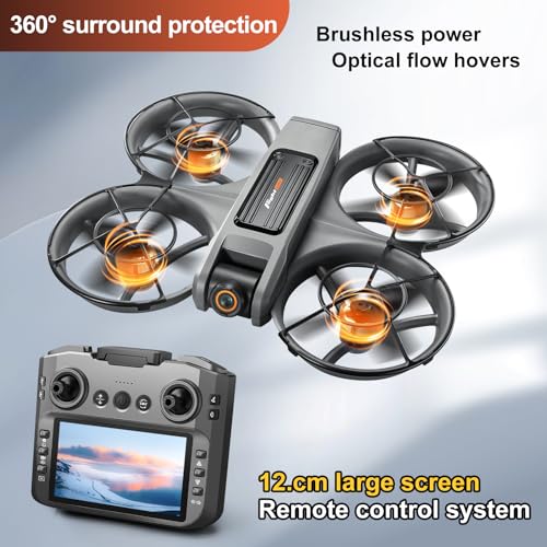 RC Drone With Screen On Controller (4.92in), UHD Dual Camera, Brushless Motor, Optical Flow Hovering, 360° Propeller Guard, 6-Axis Gyro, Headless Mode, One-Key Takeoff/Landing, 3-Speed Adjustable, 50X Zoom, Gesture Control, Trajectory Flight, Night LED, 2
