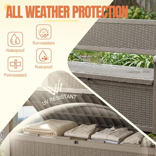 Storage Bench Outdoor Deck Box, 100 Gallon Lockable Patio Furniture, Grey