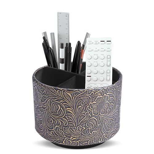 lizimandu Round Leather Art Supply Organizer,Remote Control Holder,360 Degree Spinning,Multi-Functional Pencil Holder,4 Compartments Desktop Stationary Organizer(1-Carved Cooper Gold) - color: 1-Carved Cooper Gold