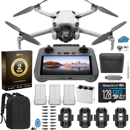 DJI Mini 4 Pro Folding Drone with RC 2 Screen Remote Fly More Combo, 4K HDR Camera, Under 249g, Omnidirectional Sensing, 3 Batteries Bundle with 128GB SD Card, Strobe Lights & More