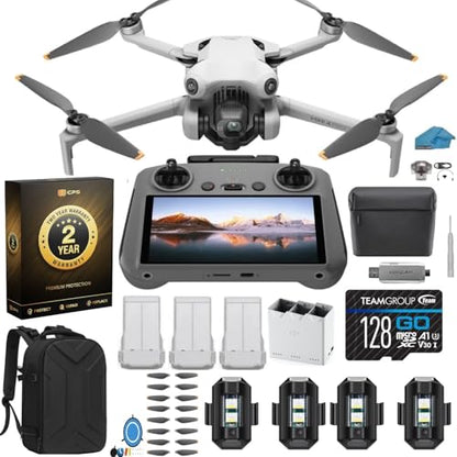 DJI Mini 4 Pro Folding Drone with RC 2 Screen Remote Fly More Combo, 4K HDR Camera, Under 249g, Omnidirectional Sensing, 3 Batteries Bundle with 128GB SD Card, Strobe Lights & More