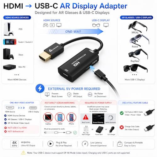 Guermok HDMI to USB C Video Display Adapter, 4.9ft AR Glasses Hub, 4K@60Hz - color: Black, size: 4.9FT