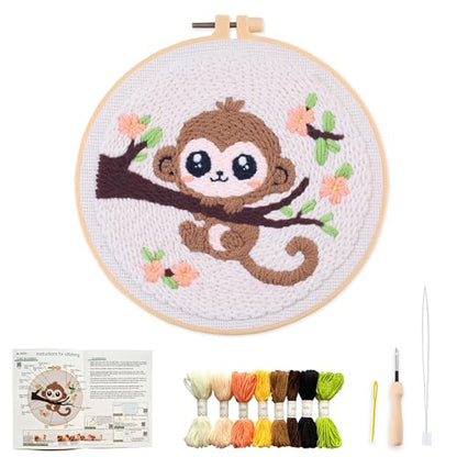 Myfelicity Punch Needle Embroidery Kit, Beginner Craft Set with Animal Pattern Design, 7.9 Inch Hoop (Monkey) - color: monkey