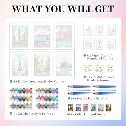 6 Pack Paint by Numbers Kit for Adults, Cityscape Canvas Painting Set - color: Landscape-1