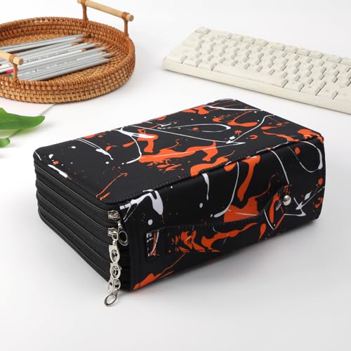 250 Slots Canvas Pencil Case 5-Layer Zipped Holder w/Handle - color: Orange Splash Ink, size: 250