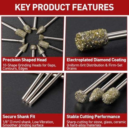 Diamond Grinding Burr Bit Set Compatible with Dremel,20Pcs 46Grit - size: 46 Grit 20 Pcs 10 Shapes