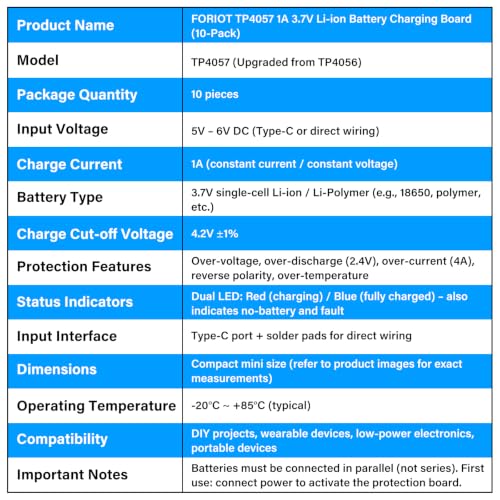 10PCS TP4057 1A Lithium Battery Charging Protection Board Module with Protection Type-C USB Charging Boards 3.7V 4.2V, TP4057 Charging Module（TP4056 Upgraded）