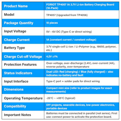 10PCS TP4057 1A Lithium Battery Charging Protection Board Module with Protection Type-C USB Charging Boards 3.7V 4.2V, TP4057 Charging Module（TP4056 Upgraded）