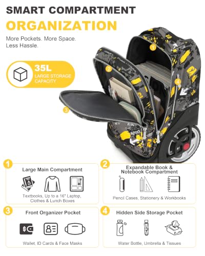 NEW TILAMI 19 Inch Rolling Backpack for School Stair-Climbing Big Wheel - color: Yellow Doodle