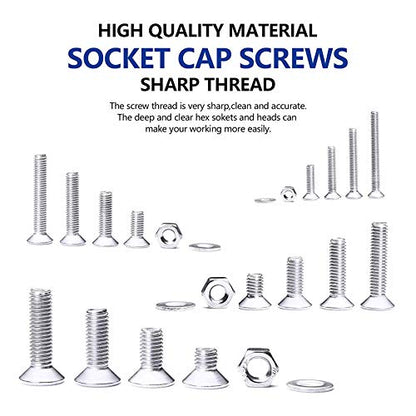 NINDEJIN 880Pcs M2 M3 M4 M5 Stainless Steel Precise Metric Hex Socket Head Cap Machine Screws,Round Flat Socket Bolts and Nuts Set and Washers Assortment Kit +Wrench (Flat Head Cap) - size: 880 Hex Flat Head Socket Screws Nuts