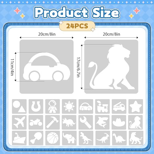 24PCS Stencils for Kids, 8-inch Large Stencils for Painting, Reusable