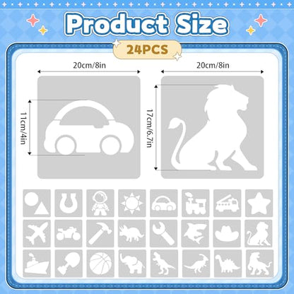 24PCS Stencils for Kids, 8-inch Large Stencils for Painting, Reusable