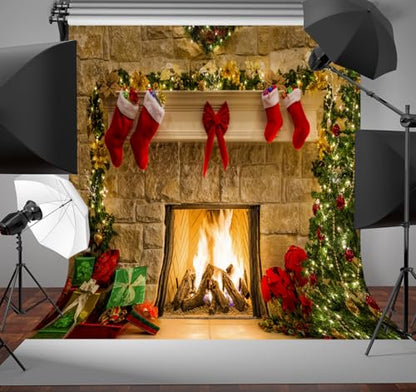 8x8Ft Christmas Themed Fireplace Vinyl Photography Backdrop Photo Background Studio Prop - size: 8X8Ft