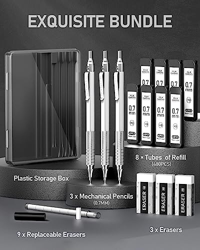 Four Candies Metal Mechanical Pencil Set with Case, 0.7mm, 3-Pack, Silver - color: Silver, style: 0.7 MM