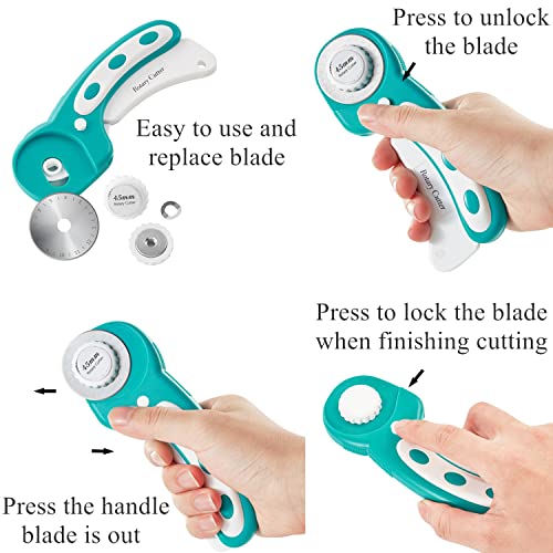 Headley Tools Rotary Cutter Set - 45mm Fabric Cutter, 5 Extra Rotary Blades,12"x12" Rotating Cutting Mat, Ideal for Crafting, Sewing, Patchworking,Turquoise