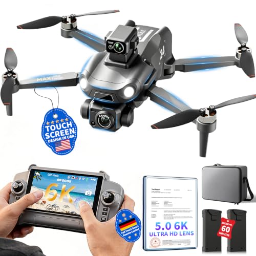 3.0 Upgraded GPS Drone with canera EIS 6K for Adults【5 Inch Full Touchscreen Controller】【 60 Min Long Flight Time】2 Batteries,10KM Video Transmission,Smart Auto Return,Under 249g - color: Black