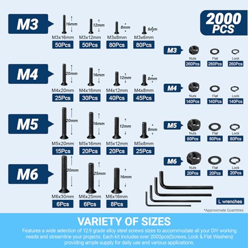 12.9 Grade Alloy Steel Flat Head Socket Screw Assortment Kit - color: 2000pcs M3/4/5/6 Flat Head