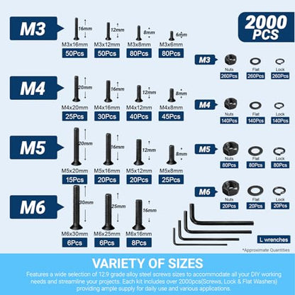 12.9 Grade Alloy Steel Flat Head Socket Screw Assortment Kit - color: 2000pcs M3/4/5/6 Flat Head