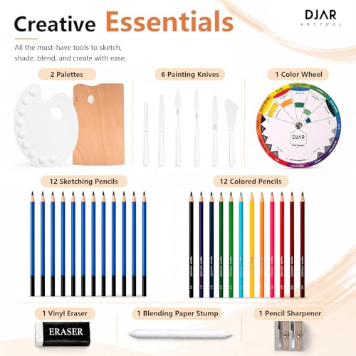 DJAR 174 Pcs All-in-One Art Painting Set with Beech Wood Easel