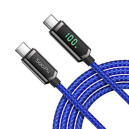 SOOPII 100W USB C to USB C Cable with LED Display,Nylon Braided,Blue [4FT] - color: Blue, size: 4 Feet 100W
