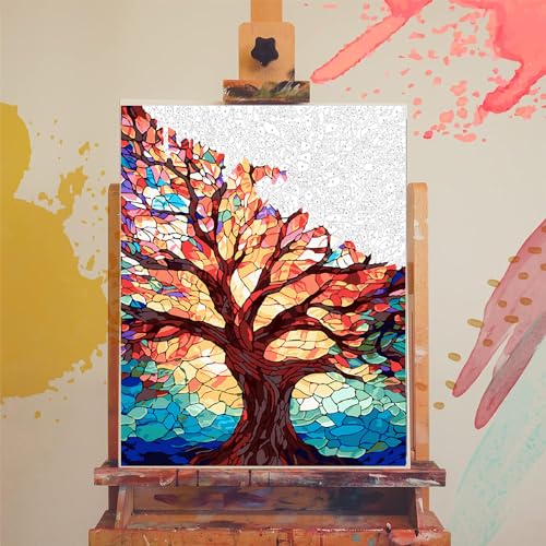 Tree Paint by Numbers for Adults - Stained Glass Paint by Number on Canvas - color: MT12191