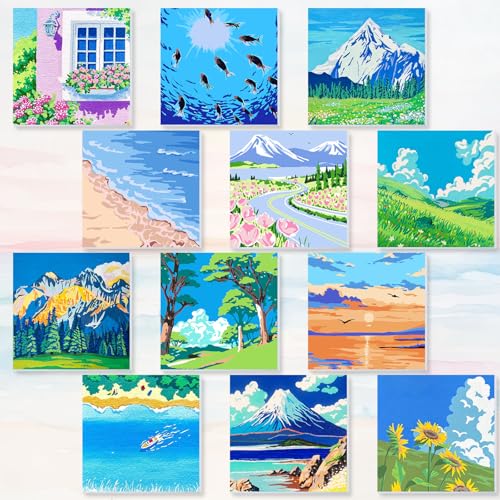 Nezyo 12 Sets Scenery Paint by Numbers Adults with Frame, 8x8 Inch Kit - style: Scenery