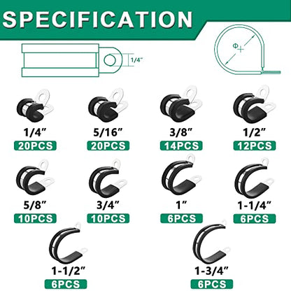 OURU 110PCS Cable Clamps Assortment Kit,Rubber Coated, 1/4"-1-3/4" 10 Sizes - size: 110PCS KIT