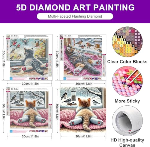 croshom Diamond Art Kits for Adults, 3 Packs Cat Diamond Art Painting Kits - color: Winter Cat, size: 3 packs-30*30cm