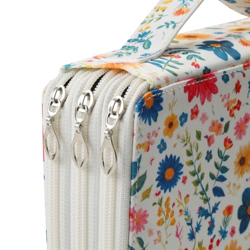 Canvas 120 Slots Pencil Case 3-Layer Zipped Holder w/Handle - color: Apricot Blossoms, size: 120