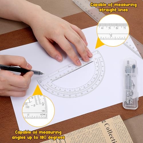 Compass and Protractor Set, 3 PCS Plastic Ruler 12 Inch Clear Ruler for Drawing Transparent Drawing Measuring Rulers Compass Geometry Tool for Math Drafting Art Home Office Drawings