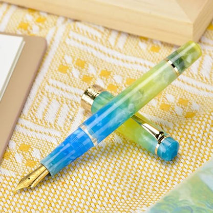 Asvine P20 Piston Fountain Pen Gradual Yellow Resin, Iridium Medium Nib Gold Trim Smooth Writer Collection with Case Set - color: Gradual Yellow, style: Medium Point