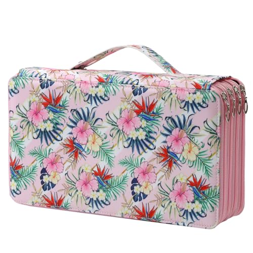 Canvas 300 Slots Pencil Case 4-Layer Zipped Holder w/Handle - color: Pink Flower, size: 300