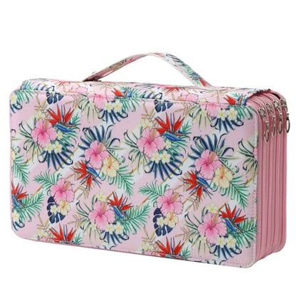 Canvas 300 Slots Pencil Case 4-Layer Zipped Holder w/Handle - color: Pink Flower, size: 300