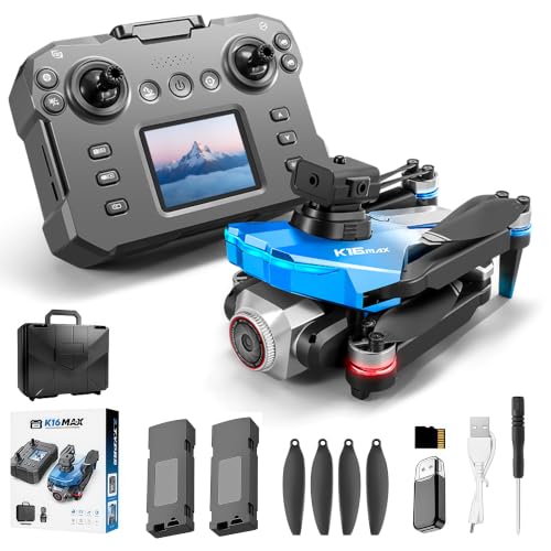 RC Drone with Screen Display Remote Control, 1080P HD Dual Camera, Speed Adjustment, Altitude Hold, One-Key Takeoff, 3D Flips, Brushless Motor, APP Control, LED Lights, 2 Batteries & SD Card, FPV Quadcopter for Adults & Beginners