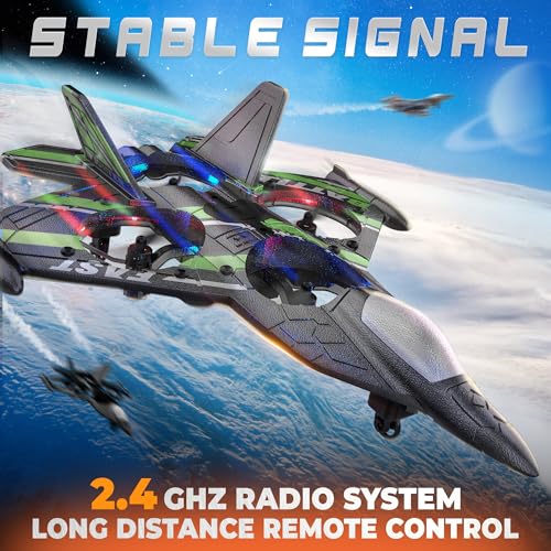 BEZGAR RC Plane Toy for Kids, Fighter Jet with LED Lights & 360° Flip,Green - color: Green