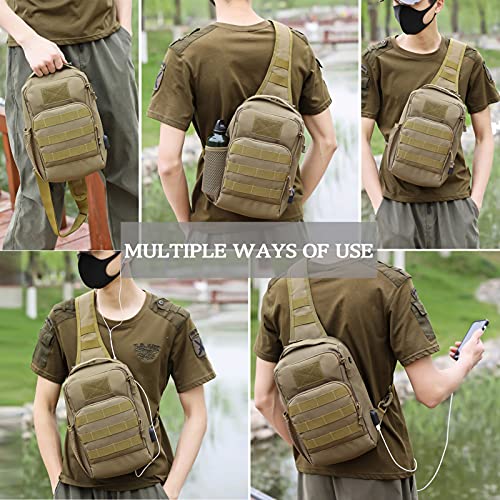 Valinov Tactical Shoulder Bag,Molle Shoulder Backpacks,Military Sling Daypack Backpack with USB Charging port - color: 1 Pack Tan
