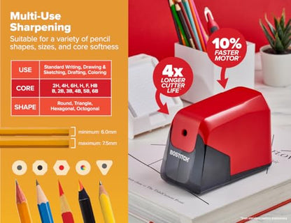 Bostitch Office Battery Pencil Sharpener, 4X Longer Cutter Life, Tip Saver Technology, Red - color: Red