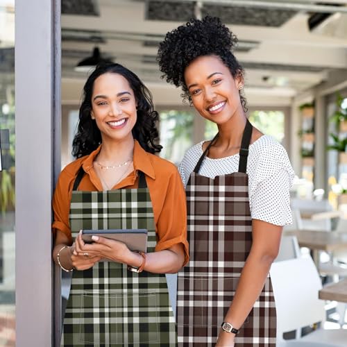 Britimes Apron with Pockets, 32x28 inch, 2 Pack, Checkered - color: Dark Brown Green