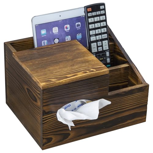 MyGift Deluxe Burnt Wood Remote Control Caddy with Tissue Box Cover – Multi-Compartment Organizer for TV Remotes, Phone, Tablets and Living Room Essentials