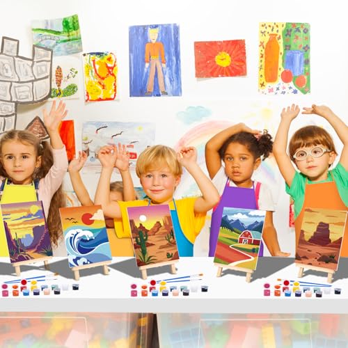 Anseal 84 Pcs Kids Paint Party Set Party Favors 12 Pre Drawn Canvas 12 Brushes 12 Palettes 12 Set Acrylic Paints 12 Apron Canvas Painting Kit for Kids Art Paint Party（Landscape Style） - color: Landscape