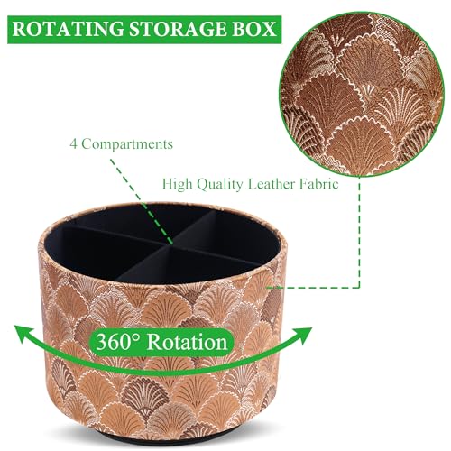 Round Leather Art Supply Organizer,Remote Control Holder,360-degree Rotating Pen Organizer with 4 Compartments(1-Peacock Copper) - color: 1-5Peacock Copper