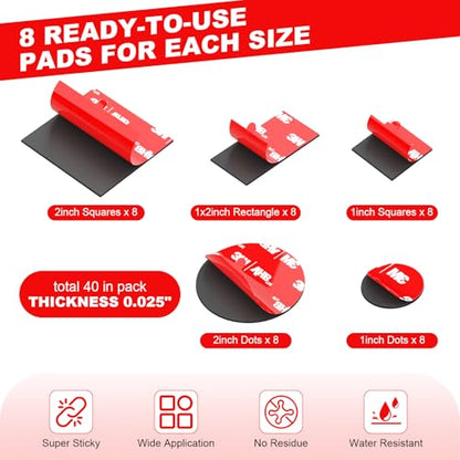 Double Sided Tape Heavy Duty 40PCS Adhesive Pads 1“ and 2” Squares Dots Rectangles Strong Waterproof Mounting Tape for Dashboard Dash Cam Windshield Suction Cup Phone Holders Black