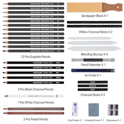 MARTCOLOR Drawing Sketching Pencils Set, 34 Pieces Pro Art Pencil Kit and 5.5X8.5” Premium Sketch Book Set, 1 Pack, 100 Sheets(68 lb/100gsm) Sketchbook