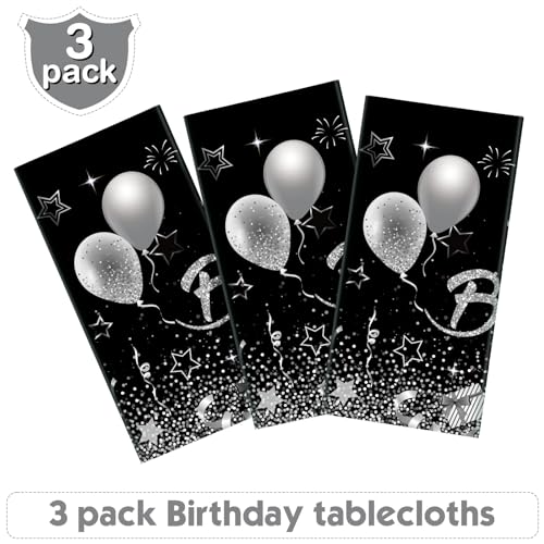 Breling 3 Pack Happy Birthday Tablecloths Decoration, Black Silver - color: Black Silver