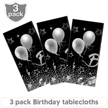 Breling 3 Pack Happy Birthday Tablecloths Decoration, Black Silver - color: Black Silver