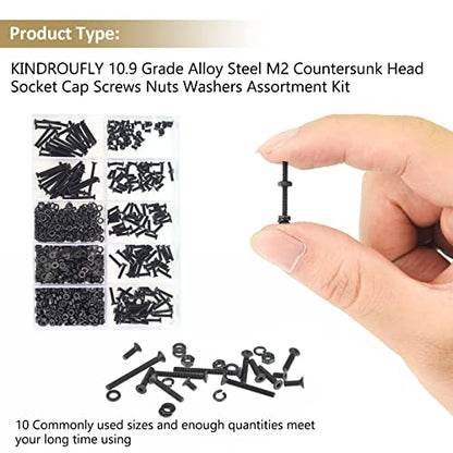 562 Pieces Black M2 x 4/6 /8/10 /12/16 /20mm Countersunk Head Socket Cap Screws Nuts Washers Assortment Kit, 10.9 Grade Alloy Steel - size: M2, style: Countersunk Head