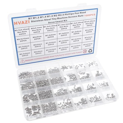 1080PCS M1-M2.5 304 SS Phillips Pan Head Tiny Machine Screws Nuts Kit - size: M1/M1.2/M1.4/M1.6/M2/M2.5