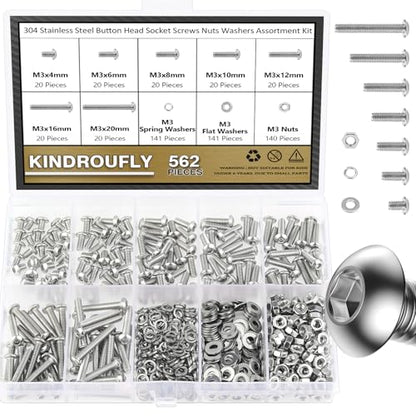 562 Pieces M3 x 4/6 /8/10 /12/16 /20mm Button Head Socket Cap Screws Nuts Washers Assortment Kit, 304 Stainless Steel, Fully Machine Thread - size: M3, style: Button Head