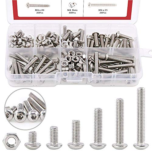 Hilitchi 180-Piece [M4] Stainless Steel Hex Socket Button Head Cap Bolts Screws Nuts Assortment Kit (M4) - color: M4